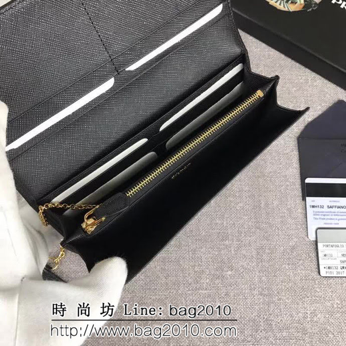 PRADA普拉達 經典爆款 頂級原單十字紋牛皮 女士翻蓋錢夾 配鏈條 1MH132 DD1416